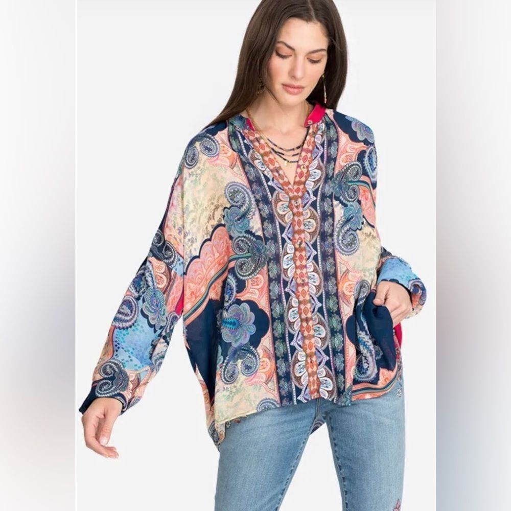 Johnny Was Jade Onda Button Down Blouse Boho Paisley Relaxed Fit Size S